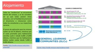 Alojamiento
Fuente: http://reslife.missouri.edu/rates-
amenities
Todas las “residencias” se encuentran
dentro del campus, y se les considera
asi ya que todas poseen áreas
comunes, con la finalidad de promover
el dinamismo e interaccion entre
todos los estudiantes y sus respectivas
carreras.
El precio de aplicación para los mismos
suelen ser de 35 dólares, mientras que
el costo promedio para habitaciones
sencillas suele ir desde 6,000 a 8,000
dólares, mientras que las habitaciones
dobles suelen costar desde 5,000 a
6,000 dólares.
Fuente: http://reslife.missouri.edu/residence-halls
 