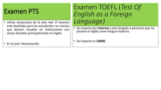 Examen PTS
• Utiliza situaciones de la vida real. El examen
está diseñado para los estudiantes no nativos
que deseen estudiar en instituciones con
clases dictadas principalmente en Inglés.
• En el país: Desconocido.
Examen TOEFL (Test Of
English as a Foreign
Language)
• Se imparte por internet y esta dirigido a personas que no
posean el inglés como lengua materna.
• Se imparte en UNIBE.
 