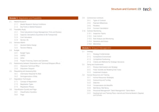 Structure and Content | 23
Module 2. Negotiation and Feasibility
2.1. Market Research
2.1.1. Market Research Startup Conditions
2.1.2. Key Points in Market Research
2.2. Feasibility Study
2.2.1. Time Calculations (Cargo Management, Ports and Routes)
2.2.2. Capacity Calculations (Quantities to Be Transported)
2.2.3. Cost Calculation
2.2.4. Service Life
2.3. Decision Matrix
2.3.1. Decision Matrix Design
2.3.2. Decision Making
2.4. Budget
2.4.1. Budget Types
2.4.2. CAPEX
2.4.3. OPEX
2.4.4. Project Financing: Grants and Subsidies
2.5. Relationship between Shipowners and Technical/Shipyard Offices
2.5.1. Shipowner Technical Office
2.5.2. Shipowner Shipyard
2.6. Requesting and Assessing Bids
2.6.1. Information Required for Bids
2.6.2. Homogenization of Bids
2.7. Negotiation Techniques
2.7.1. Concept of Negotiation
2.7.2. Negotiation Types
2.7.3. Negotiation Phases
2.8. Classification Society and Flags
2.8.1. Classification Societies
2.8.2. Flags
2.9. Construction Contracts
2.9.1. Types of Contract
2.9.2. Payment Milestones
2.9.3. Penalties
2.9.4. Contract Cancellation
2.10. Contract Monitoring
2.10.1. Inspection Teams
2.10.2. Cost Control
2.10.3. Risk Analysis and Monitoring
2.10.4. Variations and Extras
2.10.5. Warranties
Module 3. Shipyard Management
3.1. Strategy
3.1.1. Strategy Fundamentals
3.1.2. Competitive Environment
3.1.3. Competitive Positioning
3.1.4. Criteria and Methods for Strategic Decisions
3.2. Sizing and Investments
3.2.1. Product Optimization and Strategy
3.2.2. Fixed, Variable and Breaking Even Costs
3.2.3. Investment Analysis
3.3. Human Resources and Training
3.3.1. Human Resources Strategies
3.3.2. Outsourcing and Turnkey
3.3.3. Selection
3.3.4. Compensation and Benefits
3.3.5. Well Being: Well Being
3.3.6. Personnel Management. Talent Management. Talent Matrix
3.3.7. Development and Training Plans: Internal and External Master's Degrees
and Schools
 