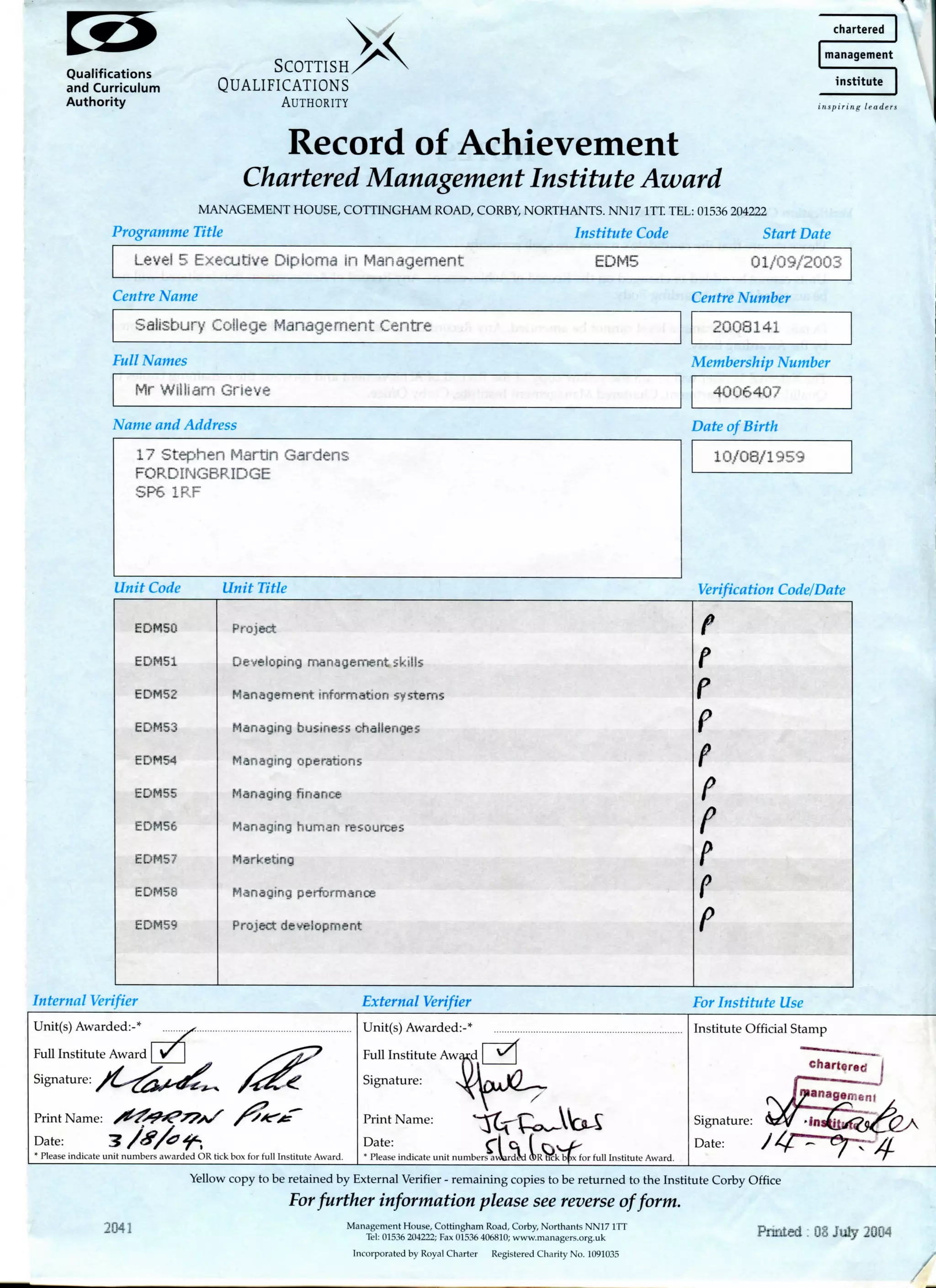 Wm Hmk Grad William Leslie Grieve Post graduate diploma Strategic Management | PDF