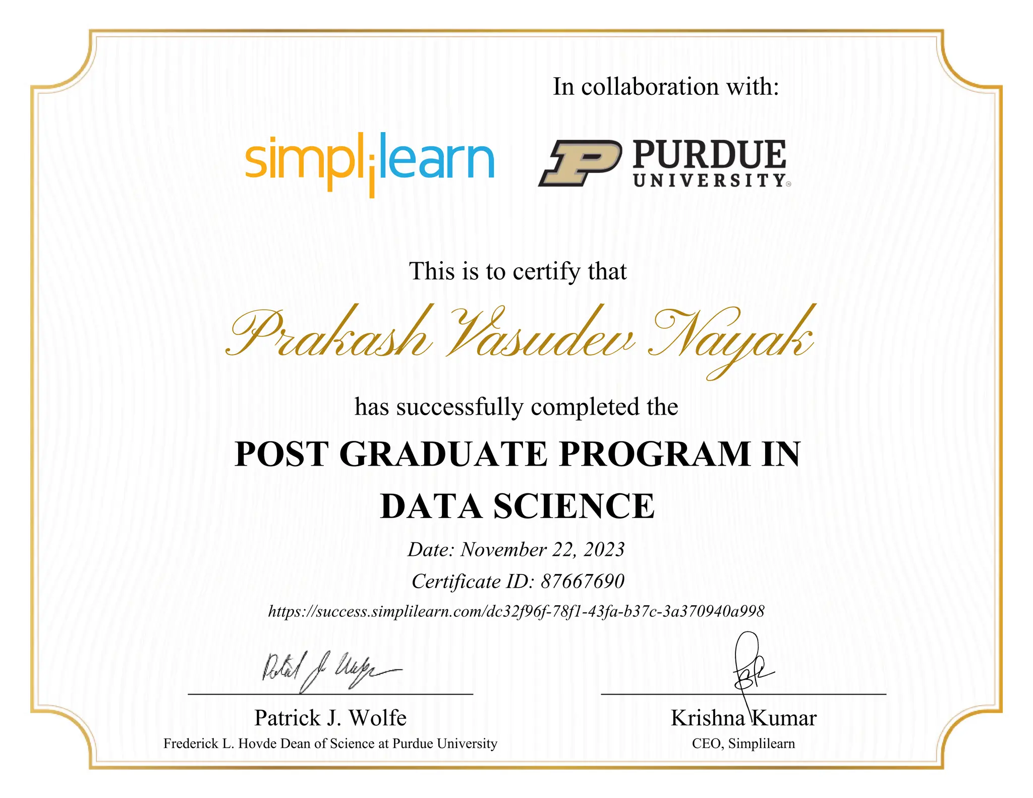 Purdue University Data Science Certificate Post Graduate Program in Data Science Certificate by Simplilearn In