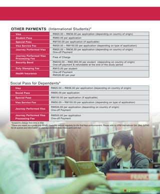 Visa
Student Pass
Special Pass
Visa Service Fee
Journey Performed Visa
Journey Performed Visa
Processing Fee
Security Bond
Duty Stamping Fee
Health Insurance
RM20.00 – RM36.00 per application (depending on country of origin)
RM90.00 per application
RM100.00 per application (if applicable)
RM50.00 – RM150.00 per application (depending on type of application)
RM500.00 per application (depending on country of origin)
One-off Payment
RM500.00 per application
One-off Payment
Visa
Social Pass
Special Pass
Visa Service Fee
Journey Performed Visa
Journey Performed Visa
Processing Fee
OTHER PAYMENTS (International Students)*
Social Pass for Dependents*
*Subject to change from time to time
*These are meant as a guide only. Kindly check the website regularly for the final fees announcement. Please refer to UPM International Sdn. Bhd. (UPMI)
for all queries and information on visa requirements (http://www.upmi.com.my)
RM20.00 – RM36.00 per application (depending on country of origin)
RM60.00 per application
RM100.00 per application (if applicable)
RM30.00 – RM150.00 per application (depending on type of application)
RM20.00 – RM36.00 per application (depending on country of origin)
One-off Payment
Free of Charge
RM200.00 – RM2,000.00 per student (depending on country of origin)
One-off payment & refundable at the end of the study period
RM10.00 per student
One-off Payment
RM326.60 per year
 