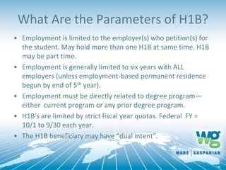 What Are the Parameters of H1B?
• Employment is limited to the employer(s) who petition(s) for
the student. May hold more than one H1B at same time. H1B
may be part time.
• Employment is generally limited to six years with ALL
employers (unless employment-based permanent residence
begun by end of 5th year).
• Employment must be directly related to degree program—
either current program or any prior degree program.
• H1B’s are limited by strict fiscal year quotas. Federal FY =
10/1 to 9/30 each year.
• The H1B beneficiary may have “dual intent”.
 