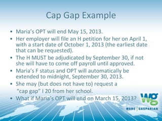 Cap Gap Example
• Maria’s OPT will end May 15, 2013.
• Her employer will file an H petition for her on April 1,
with a start date of October 1, 2013 (the earliest date
that can be requested).
• The H MUST be adjudicated by September 30, if not
she will have to come off payroll until approved.
• Maria’s F status and OPT will automatically be
extended to midnight, September 30, 2013.
• She may (but does not have to) request a
“cap gap” I 20 from her school.
• What if Maria’s OPT will end on March 15, 2013?
 