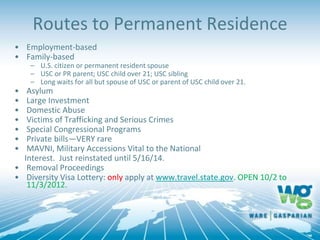 Routes to Permanent Residence
• Employment-based
• Family-based
– U.S. citizen or permanent resident spouse
– USC or PR parent; USC child over 21; USC sibling
– Long waits for all but spouse of USC or parent of USC child over 21.
• Asylum
• Large Investment
• Domestic Abuse
• Victims of Trafficking and Serious Crimes
• Special Congressional Programs
• Private bills—VERY rare
• MAVNI, Military Accessions Vital to the National
Interest. Just reinstated until 5/16/14.
• Removal Proceedings
• Diversity Visa Lottery: only apply at www.travel.state.gov. OPEN 10/2 to
11/3/2012.
 