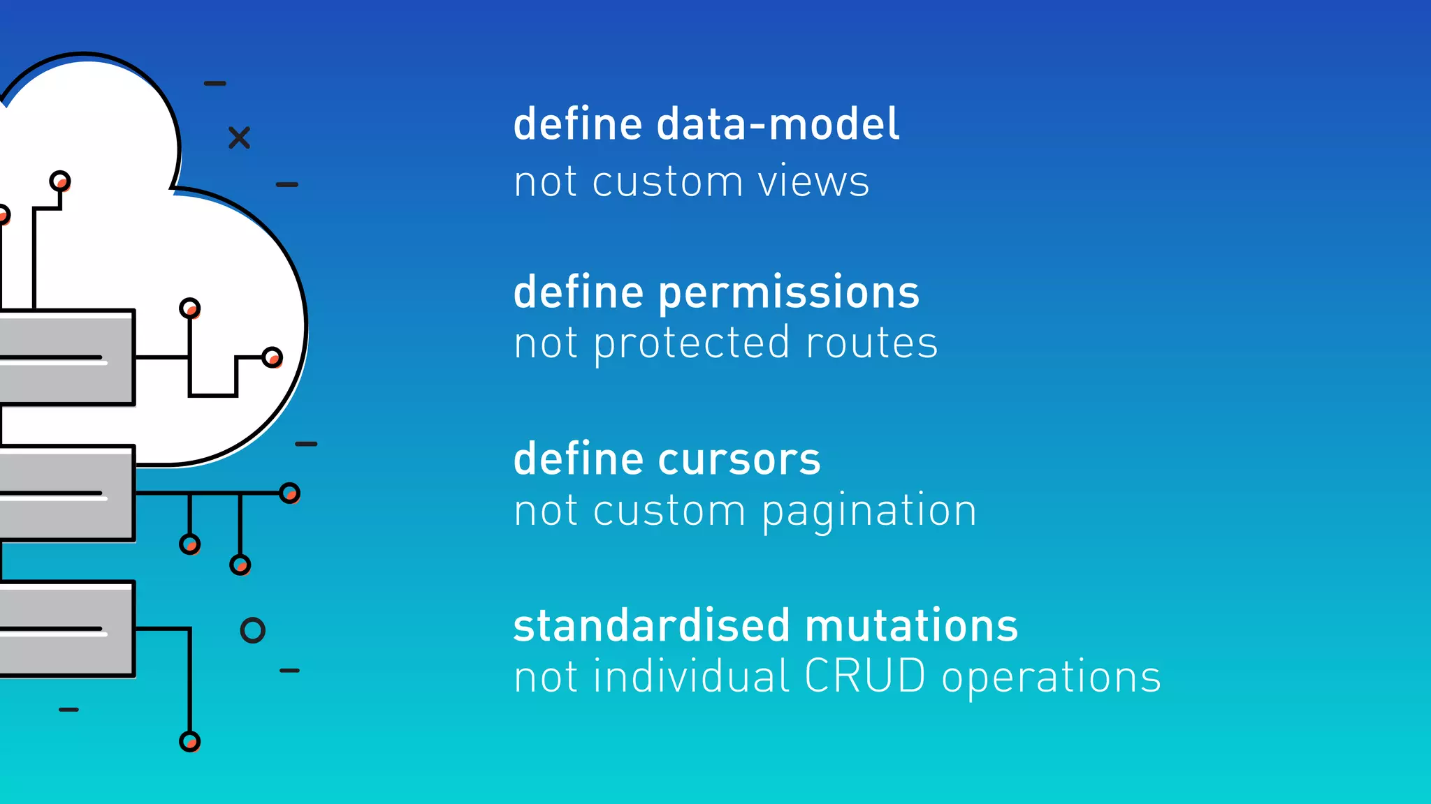 define data-model 
not custom views
define permissions
not protected routes
define cursors
not custom pagination
standardised mutations
not individual CRUD operations
 