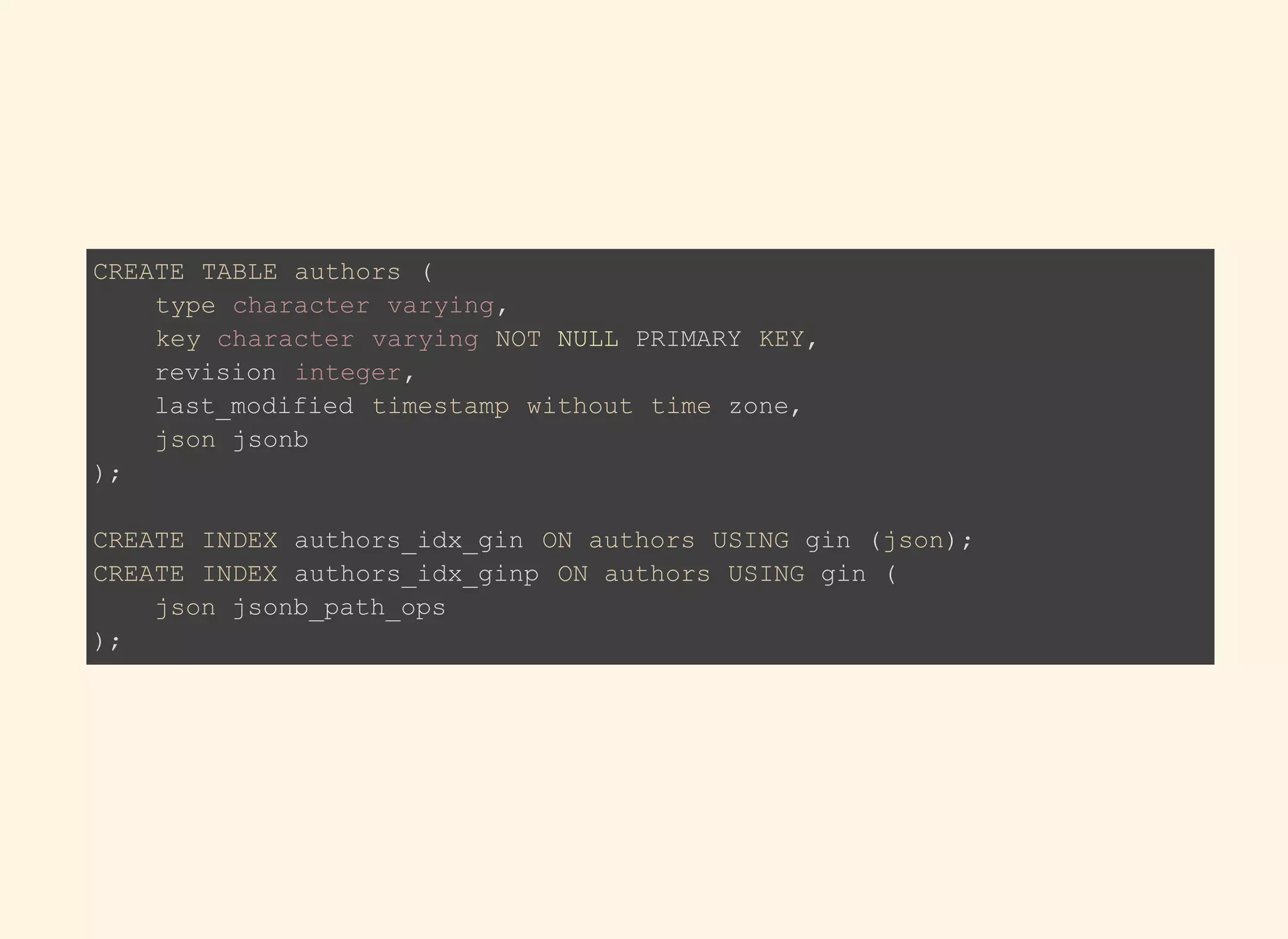 CREATE TABLE authors (
type character varying,
key character varying NOT NULL PRIMARY KEY,
revision integer,
last_modified timestamp without time zone,
json jsonb
);
CREATE INDEX authors_idx_gin ON authors USING gin (json);
CREATE INDEX authors_idx_ginp ON authors USING gin (
json jsonb_path_ops
);
 