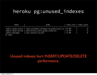 heroku pg:unused_indexes
table
|
index
| index_size | index_scans
---------------------+--------------------------------------------+------------+------------public.grade_levels | index_placement_attempts_on_grade_level_id | 97 MB
|
0
public.observations | observations_attrs_grade_resources
| 33 MB
|
0
public.messages
| user_resource_id_idx
| 12 MB
|
0
(3 rows)

Unused indexes hurt INSERT/UPDATE/DELETE
performance.

Tuesday, October 22, 13

 