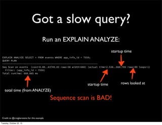 Got a slow query?
Run an EXPLAIN ANALYZE:
startup time
EXPLAIN ANALYZE SELECT * FROM events WHERE app_info_id = 7559;
QUERY PLAN
------------------------------------------------------------------Seq Scan on events (cost=0.00..63749.03 rows=38 width=688) (actual time=2.538..660.785 rows=89 loops=1)
Filter: (app_info_id = 7559)
Total runtime: 660.885 ms

startup time
total time (from ANALYZE)

Sequence scan is BAD!
Credit to @craigkersteins for this example
Tuesday, October 22, 13

rows looked at

 