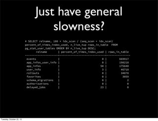 Just have general
slowness?
# SELECT relname, 100 * idx_scan / (seq_scan + idx_scan)
percent_of_times_index_used, n_live_tup rows_in_table FROM
pg_stat_user_tables ORDER BY n_live_tup DESC;
relname
| percent_of_times_index_used | rows_in_table
---------------------+-----------------------------+--------------events
|
0 |
669917
app_infos_user_info |
0 |
198218
app_infos
|
50 |
175640
user_info
|
3 |
46718
rollouts
|
0 |
34078
favorites
|
0 |
3059
schema_migrations
|
0 |
2
authorizations
|
0 |
0
delayed_jobs
|
23 |
0

Tuesday, October 22, 13

 
