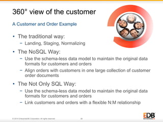 360° view of the customer 
A Customer and Order Example 
• The traditional way: 
− Landing, Staging, Normalizing 
• The NoSQL Way: 
− Use the schema-less data model to maintain the original data 
formats for customers and orders 
− Align orders with customers in one large collection of customer 
order documents 
• The Not Only SQL Way: 
− Use the schema-less data model to maintain the original data 
formats for customers and orders 
− Link customers and orders with a flexible N:M relationship 
© 2014 EnterpriseDB Corporation. All rights reserved. 26 
 