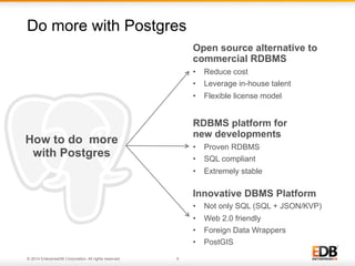 Do more with Postgres 
How to do more 
with Postgres 
© 2014 EnterpriseDB Corporation. All rights reserved. 9 
Open source alternative to 
commercial RDBMS 
• Reduce cost 
• Leverage in-house talent 
• Flexible license model 
RDBMS platform for 
new developments 
• Proven RDBMS 
• SQL compliant 
• Extremely stable 
Innovative DBMS Platform 
• Not only SQL (SQL + JSON/KVP) 
• Web 2.0 friendly 
• Foreign Data Wrappers 
• PostGIS 
 
