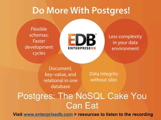 Postgres: The NoSQL Cake You 
Can Eat 
Visit www.enterprisedb.com > resources to listen to the recording 
© 2014 EnterpriseDB Corporation. All rights reserved. 1 
 