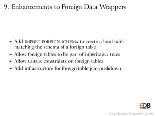 9. Enhancements to Foreign Data Wrappers
◮ Add IMPORT FOREIGN SCHEMA to create a local table
matching the schema of a foreign table
◮ Allow foreign tables to be part of inheritance trees
◮ Allow CHECK constraints on foreign tables
◮ Add infrastructure for foreign table join pushdown
Major Features: Postgres 9.5 35 / 40
 