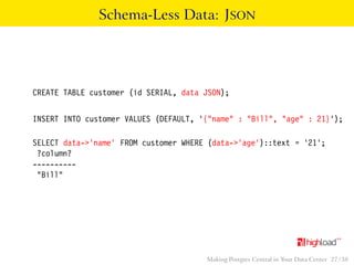 Schema-Less Data: JSON 
CREATE TABLE customer (id SERIAL, data JSON); 
INSERT INTO customer VALUES (DEFAULT, ’{"name" : "Bill", "age" : 21}’); 
SELECT data->’name’ FROM customer WHERE (data->’age’)::text = ’21’; 
?column? 
---------- 
"Bill" 
Making Postgres Central in Your Data Center 27 / 38 
 
