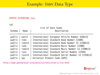 Example: ISBN Data Type 
CREATE EXTENSION isn; 
dT 
List of data types 
Schema | Name | Description 
--------+--------+-------------------------------------------------- 
public | ean13 | International European Article Number (EAN13) 
public | isbn | International Standard Book Number (ISBN) 
public | isbn13 | International Standard Book Number 13 (ISBN13) 
public | ismn | International Standard Music Number (ISMN) 
public | ismn13 | International Standard Music Number 13 (ISMN13) 
public | issn | International Standard Serial Number (ISSN) 
public | issn13 | International Standard Serial Number 13 (ISSN13) 
public | upc | Universal Product Code (UPC) 
http://www.postgresql.org/docs/current/static/isn.html 
Making Postgres Central in Your Data Center 5 / 38 
 