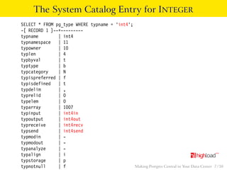 The System Catalog Entry for INTEGER 
SELECT * FROM pg_type WHERE typname = ’int4’; 
-[ RECORD 1 ]--+--------- 
typname | int4 
typnamespace | 11 
typowner | 10 
typlen | 4 
typbyval | t 
typtype | b 
typcategory | N 
typispreferred | f 
typisdefined | t 
typdelim | , 
typrelid | 0 
typelem | 0 
typarray | 1007 
typinput | int4in 
typoutput | int4out 
typreceive | int4recv 
typsend | int4send 
typmodin | - 
typmodout | - 
typanalyze | - 
typalign | i 
typstorage | p 
typnotnull | f 
Making Postgres Central in Your Data Center 7 / 38 
 
