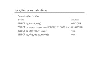 Funções administrativas
  Outras funções do WAL
  função                                             resultado
  SELECT pg_switch_xlog()                            0/F47DFF8
  SELECT pg_create_restore_point(CURRENT_DATE::text); 0/10000110
  SELECT pg_xlog_replay_pause()                      void
  SELECT pg_xlog_replay_resume()                     void
 