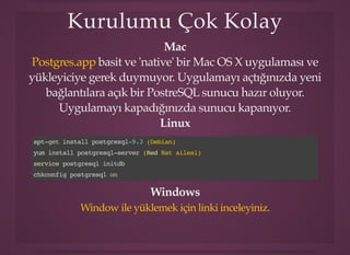 Kurulumu Çok KolayKurulumu Çok Kolay
Mac
basit ve 'native' bir Mac OS X uygulaması ve
yükleyiciye gerek duymuyor. Uygulamayı açtığınızda yeni
bağlantılara açık bir PostreSQL sunucu hazır oluyor.
Uygulamayı kapadığınızda sunucu kapanıyor.
Postgres.app
Linux
apt-get install postgresql-9.3
yum install postgresql-server
service postgresql initdb
chkconfig postgresql on
(Debian)
(Red Hat ailesi)
Windows
Window ile yüklemek için linki inceleyiniz.
 