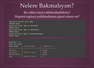 Nelere Bakmalıyım?Nelere Bakmalıyım?
Bu rolleri nasıl yetkilendirebilirim?
Hepsini topluca yetkilendirsem güzel olmaz mı?
gulcin=# Create role gdg;
CREATE ROLE
gulcin=# Grant gdg to devfest;
GRANT ROLE
gulcin=# Grant gdg to devfestw;
GRANT ROLE
gulcin=# Grant gdg to devfestwomen;
GRANT ROLE
gulcin=# du
List of roles
Role name | Attributes | Member of
-------------+------------------+--------------
devfest | | {gdg}
devfestw | Cannot login | {gdg}
devfestwomen | | {gdg}
gdg | Cannot login | {}
 