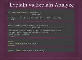 Explain vs Explain AnalyzeExplain vs Explain Analyze
gulcin=# explain select * from table_1;
QUERY PLAN
------------------------------------------------------------------
Seq Scan on table_1 (cost=0.00..4740.30 rows=86430 width=140)
(1 row)
gulcin=# explain analyze select * from table_1;
QUERY PLAN
-------------------------------------------------------------------
Seq Scan on table_1 (cost=0.00..4740.30 rows=86430 width=140)
(actual time=0.274..35.983 rows=86430 loops=1)
Total runtime: 40.492 ms
(2 rows)
Begin;
Explain analyze delete from table_1;
Rollback;
Explain (format JSON) select * from table_1;
 