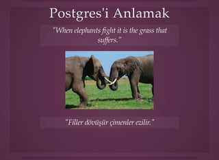 Postgres'i AnlamakPostgres'i Anlamak
"When elephants ﬁght it is the grass that
suffers."
"Filler dövüşür çimenler ezilir."
 