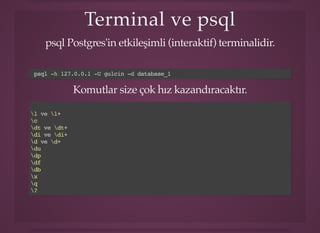 Terminal ve psqlTerminal ve psql
psql Postgres'in etkileşimli (interaktif) terminalidir.
psql -h 127.0.0.1 -U gulcin -d database_1
Komutlar size çok hız kazandıracaktır.
l ve l+
c
dt ve dt+
di ve di+
d ve d+
du
dp
df
db
x
q
?
 