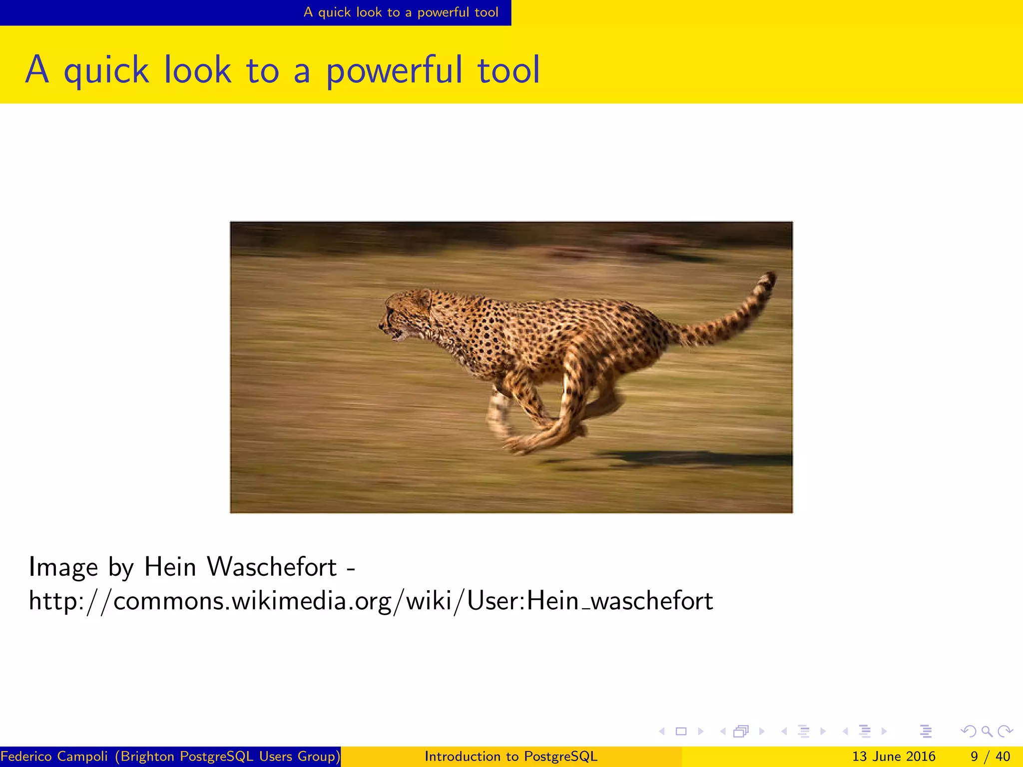 A quick look to a powerful tool
A quick look to a powerful tool
Image by Hein Waschefort -
http://commons.wikimedia.org/wiki/User:Hein waschefort
Federico Campoli (Brighton PostgreSQL Users Group) Introduction to PostgreSQL 13 June 2016 9 / 40
 
