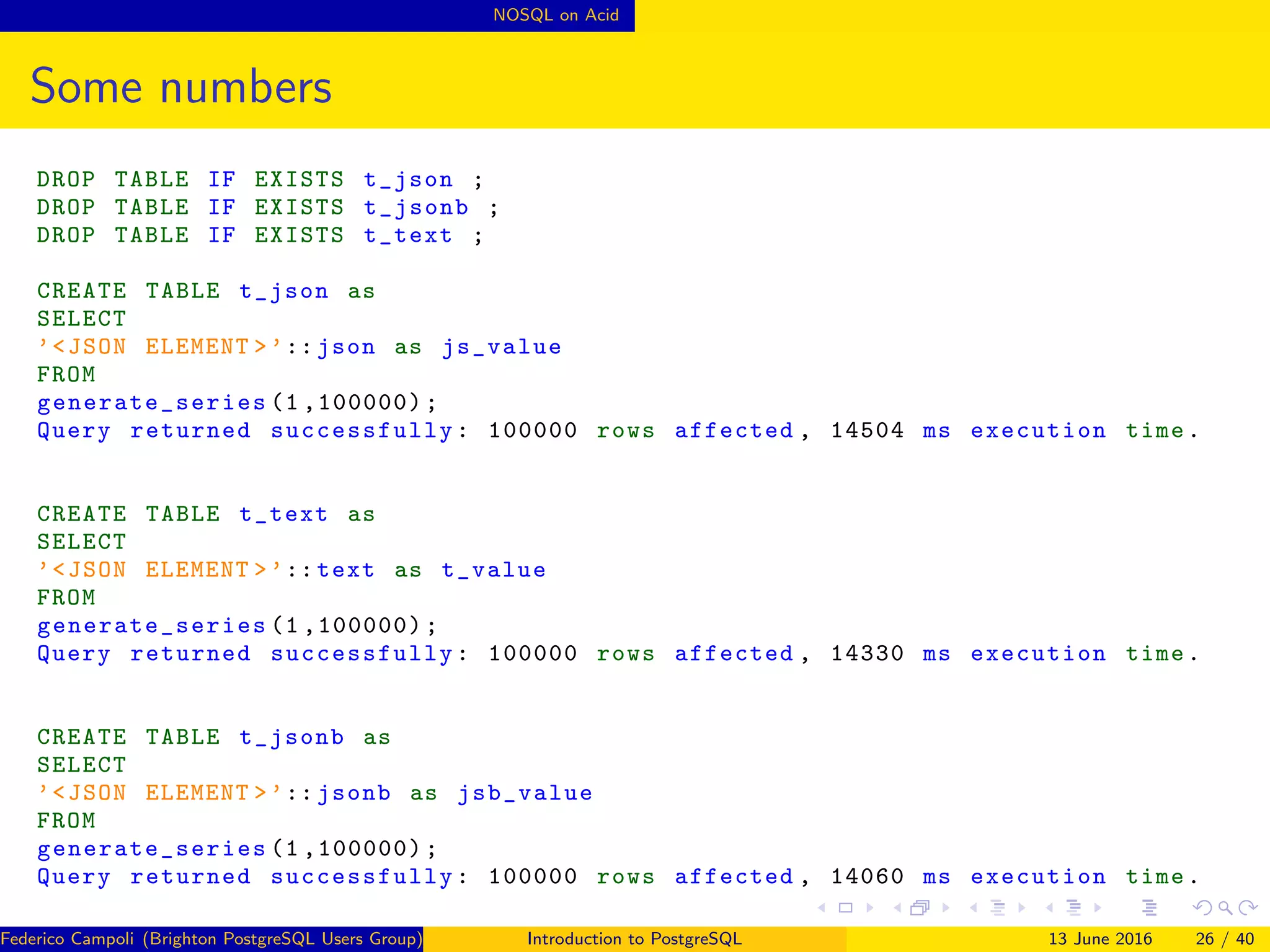 NOSQL on Acid
Some numbers
DROP TABLE IF EXISTS t_json ;
DROP TABLE IF EXISTS t_jsonb ;
DROP TABLE IF EXISTS t_text ;
CREATE TABLE t_json as
SELECT
’<JSON ELEMENT >’:: json as js_value
FROM
generate_series (1 ,100000);
Query returned successfully : 100000 rows affected , 14504 ms execution time.
CREATE TABLE t_text as
SELECT
’<JSON ELEMENT >’:: text as t_value
FROM
generate_series (1 ,100000);
Query returned successfully : 100000 rows affected , 14330 ms execution time.
CREATE TABLE t_jsonb as
SELECT
’<JSON ELEMENT >’:: jsonb as jsb_value
FROM
generate_series (1 ,100000);
Query returned successfully : 100000 rows affected , 14060 ms execution time.
Federico Campoli (Brighton PostgreSQL Users Group) Introduction to PostgreSQL 13 June 2016 26 / 40
 