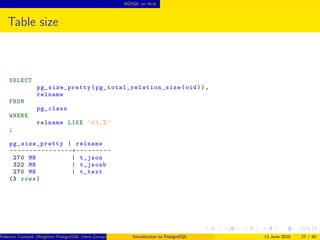 NOSQL on Acid
Table size
SELECT
pg_size_pretty ( pg_total_relation_size (oid)),
relname
FROM
pg_class
WHERE
relname LIKE ’t_%’
;
pg_size_pretty | relname
-- --------------+---------
270 MB | t_json
322 MB | t_jsonb
270 MB | t_text
(3 rows)
Federico Campoli (Brighton PostgreSQL Users Group) Introduction to PostgreSQL 13 June 2016 27 / 40
 