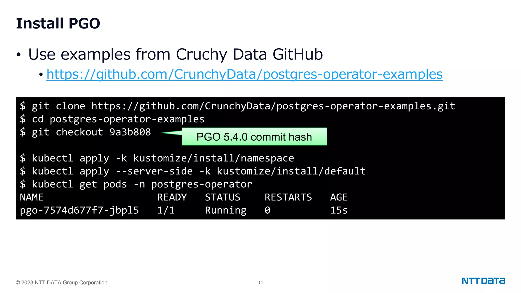 © 2023 NTT DATA Group Corporation 14 Install PGO • Use examples from Cruchy Data GitHub • https://github.com/CrunchyData/postgres-operator-examples $ git clone https://github.com/CrunchyData/postgres-operator-examples.git $ cd postgres-operator-examples $ git checkout 9a3b808 $ kubectl apply -k kustomize/install/namespace $ kubectl apply --server-side -k kustomize/install/default $ kubectl get pods -n postgres-operator NAME READY STATUS RESTARTS AGE pgo-7574d677f7-jbpl5 1/1 Running 0 15s PGO 5.4.0 commit hash 