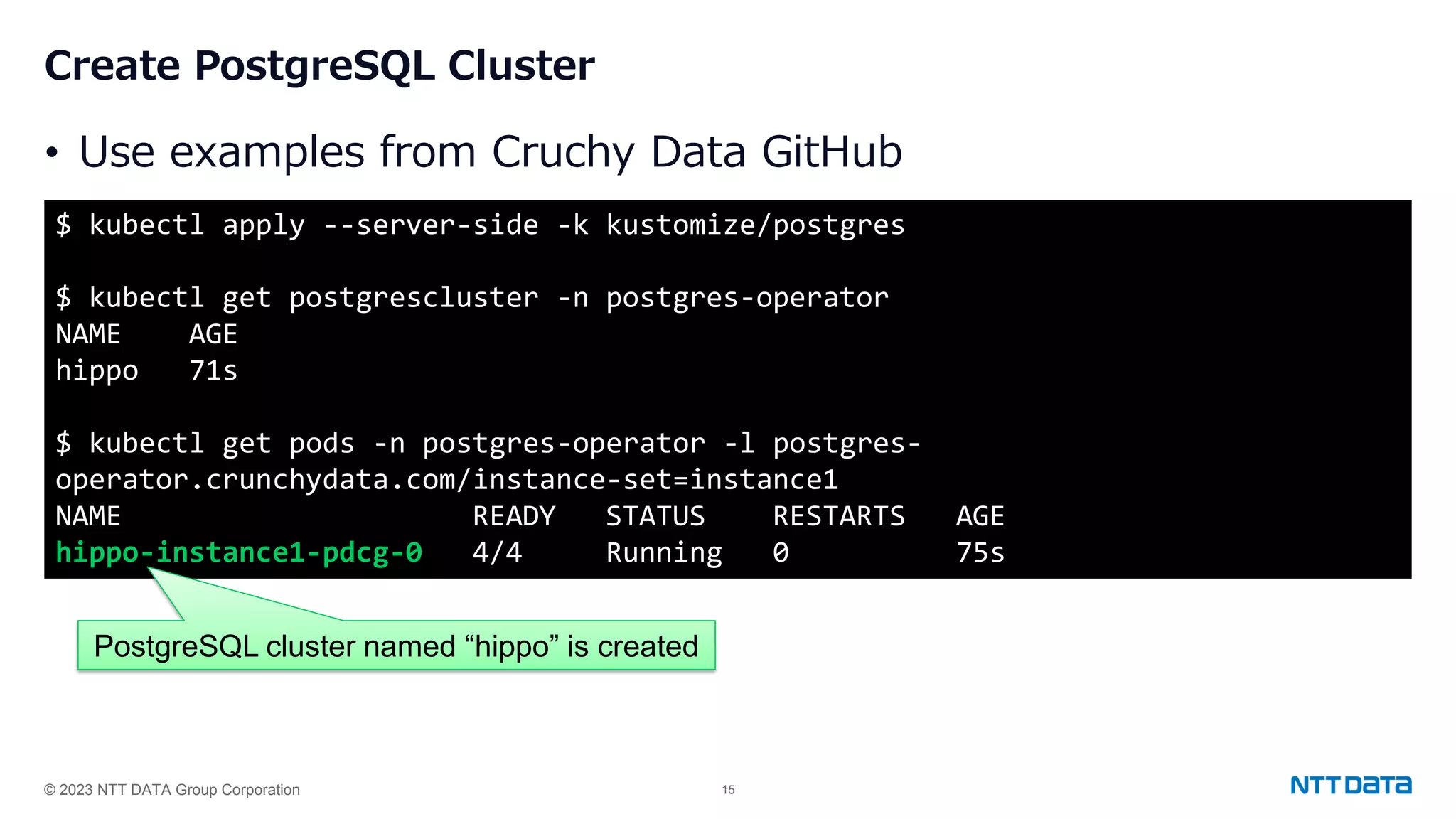 © 2023 NTT DATA Group Corporation 15 Create PostgreSQL Cluster • Use examples from Cruchy Data GitHub $ kubectl apply --server-side -k kustomize/postgres $ kubectl get postgrescluster -n postgres-operator NAME AGE hippo 71s $ kubectl get pods -n postgres-operator -l postgres- operator.crunchydata.com/instance-set=instance1 NAME READY STATUS RESTARTS AGE hippo-instance1-pdcg-0 4/4 Running 0 75s PostgreSQL cluster named “hippo” is created 