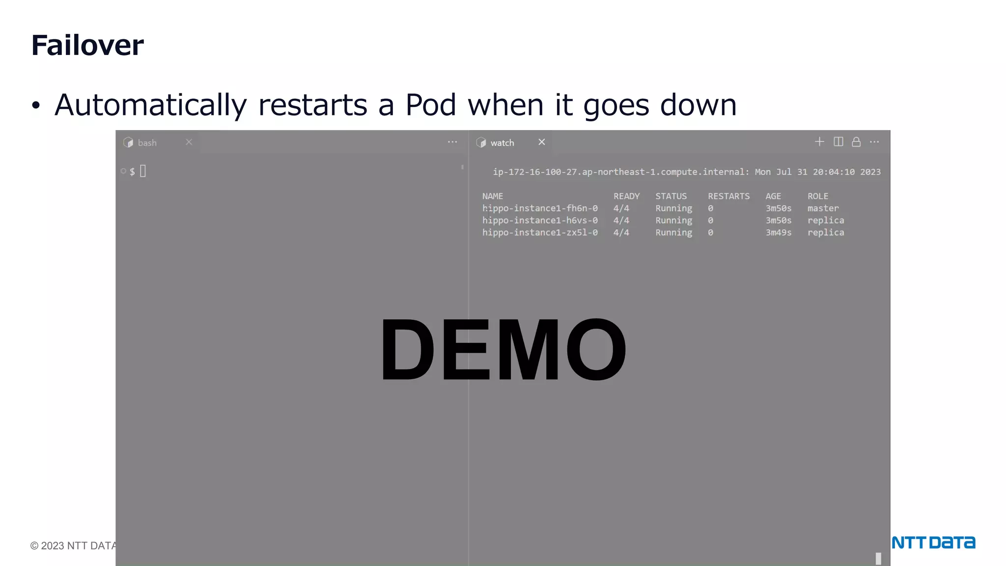 © 2023 NTT DATA Group Corporation 18 Failover • Automatically restarts a Pod when it goes down DEMO 