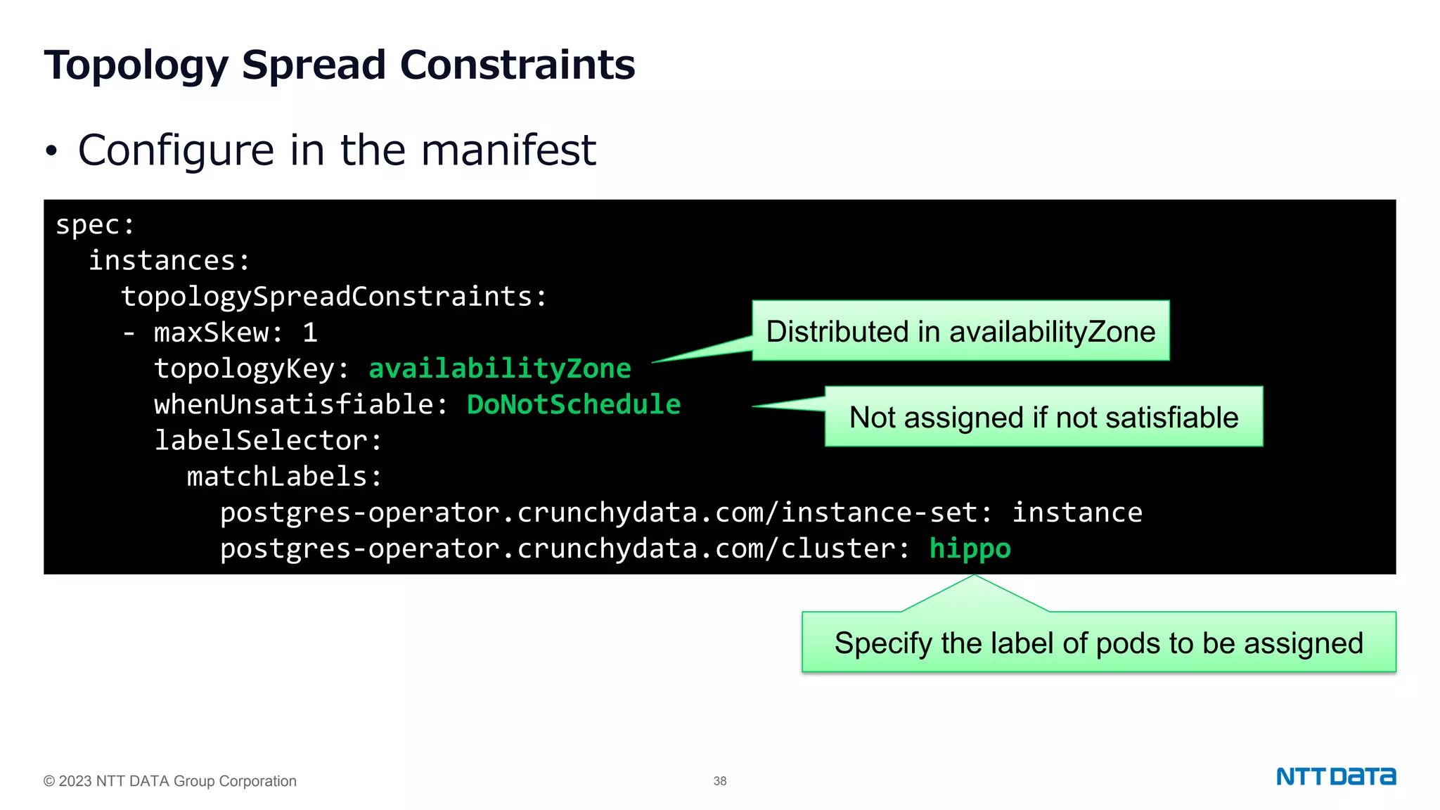 © 2023 NTT DATA Group Corporation 38 • Configure in the manifest spec: instances: topologySpreadConstraints: - maxSkew: 1 topologyKey: availabilityZone whenUnsatisfiable: DoNotSchedule labelSelector: matchLabels: postgres-operator.crunchydata.com/instance-set: instance postgres-operator.crunchydata.com/cluster: hippo Topology Spread Constraints Distributed in availabilityZone Not assigned if not satisfiable Specify the label of pods to be assigned 