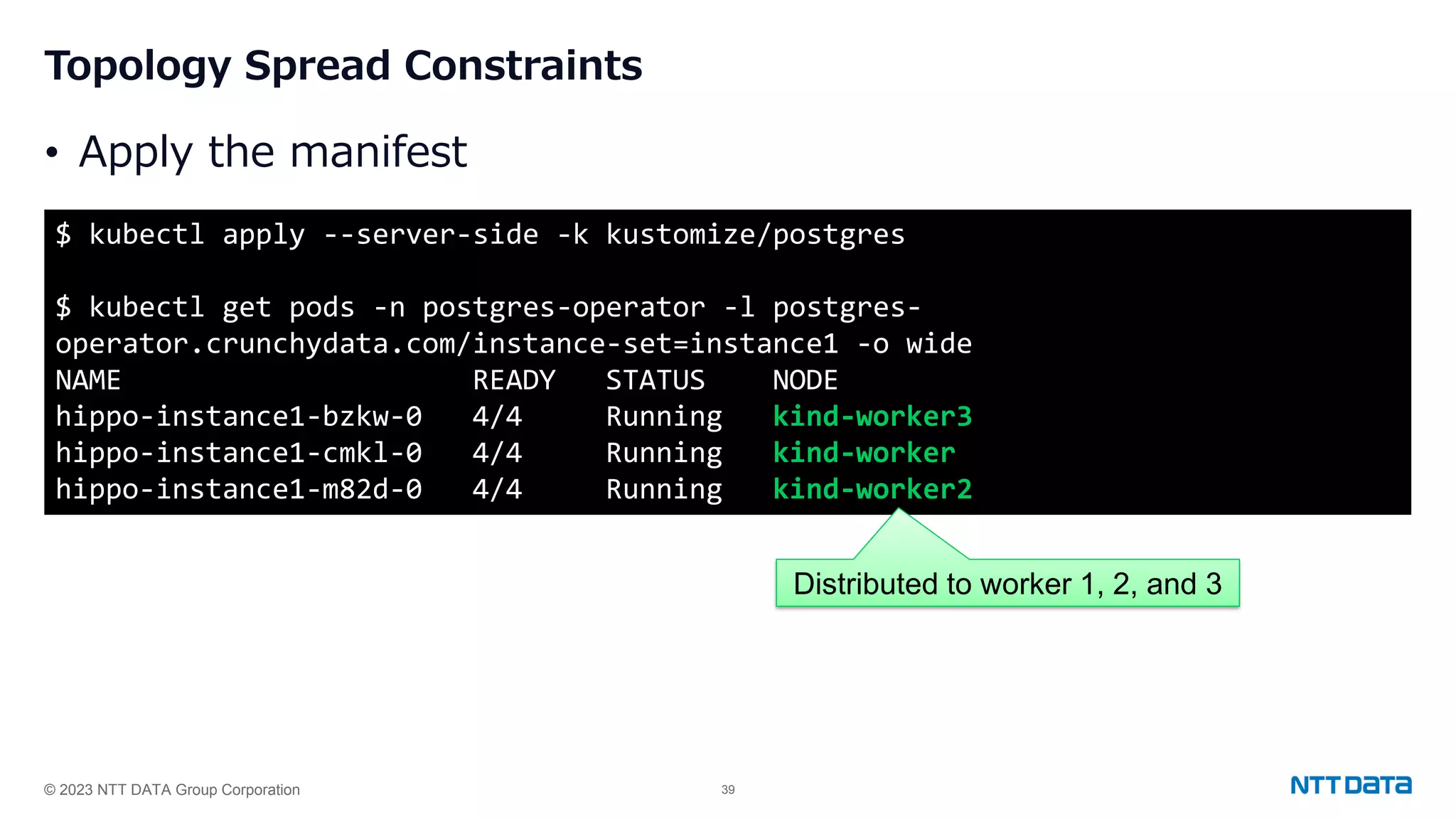 © 2023 NTT DATA Group Corporation 39 Topology Spread Constraints • Apply the manifest $ kubectl apply --server-side -k kustomize/postgres $ kubectl get pods -n postgres-operator -l postgres- operator.crunchydata.com/instance-set=instance1 -o wide NAME READY STATUS NODE hippo-instance1-bzkw-0 4/4 Running kind-worker3 hippo-instance1-cmkl-0 4/4 Running kind-worker hippo-instance1-m82d-0 4/4 Running kind-worker2 Distributed to worker 1, 2, and 3 