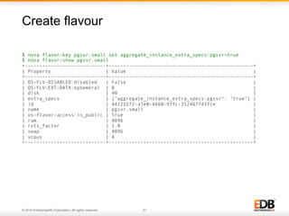Create flavour 
$ nova flavor-key pgsvr.small set aggregate_instance_extra_specs:pgsvr=true 
$ nova flavor-show pgsvr.small 
+----------------------------+--------------------------------------------------+ 
| Property | Value | 
+----------------------------+--------------------------------------------------+ 
| OS-FLV-DISABLED:disabled | False | 
| OS-FLV-EXT-DATA:ephemeral | 0 | 
| disk | 40 | 
| extra_specs | {"aggregate_instance_extra_specs:pgsvr": "true"} | 
| id | 44221572-a7e0-4660-97fc-352467743fce | 
| name | pgsvr.small | 
| os-flavor-access:is_public | True | 
| ram | 4096 | 
| rxtx_factor | 1.0 | 
| swap | 4096 | 
| vcpus | 4 | 
+----------------------------+--------------------------------------------------+ 
© 2014 EnterpriseDB Corporation. All rights reserved. 21 
 