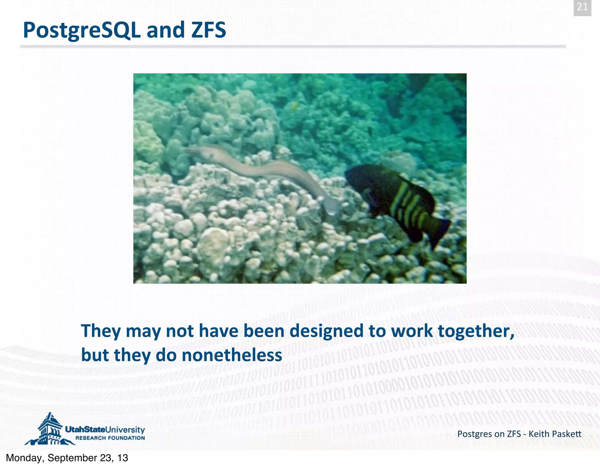 PostgreSQL  and  ZFS Postgres  on  ZFS  -­‐  Keith  Paske5 21 They  may  not  have  been  designed  to  work  together,   but  they  do  nonetheless Monday, September 23, 13 