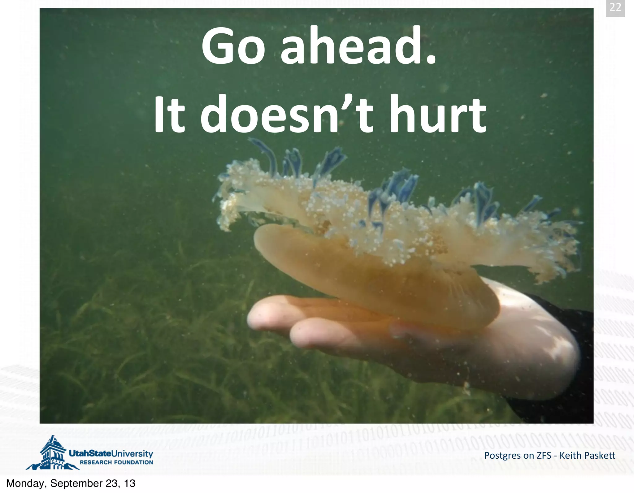 Postgres  on  ZFS  -­‐  Keith  Paske5 Go  ahead.   It  doesn’t  hurt 22 Monday, September 23, 13 