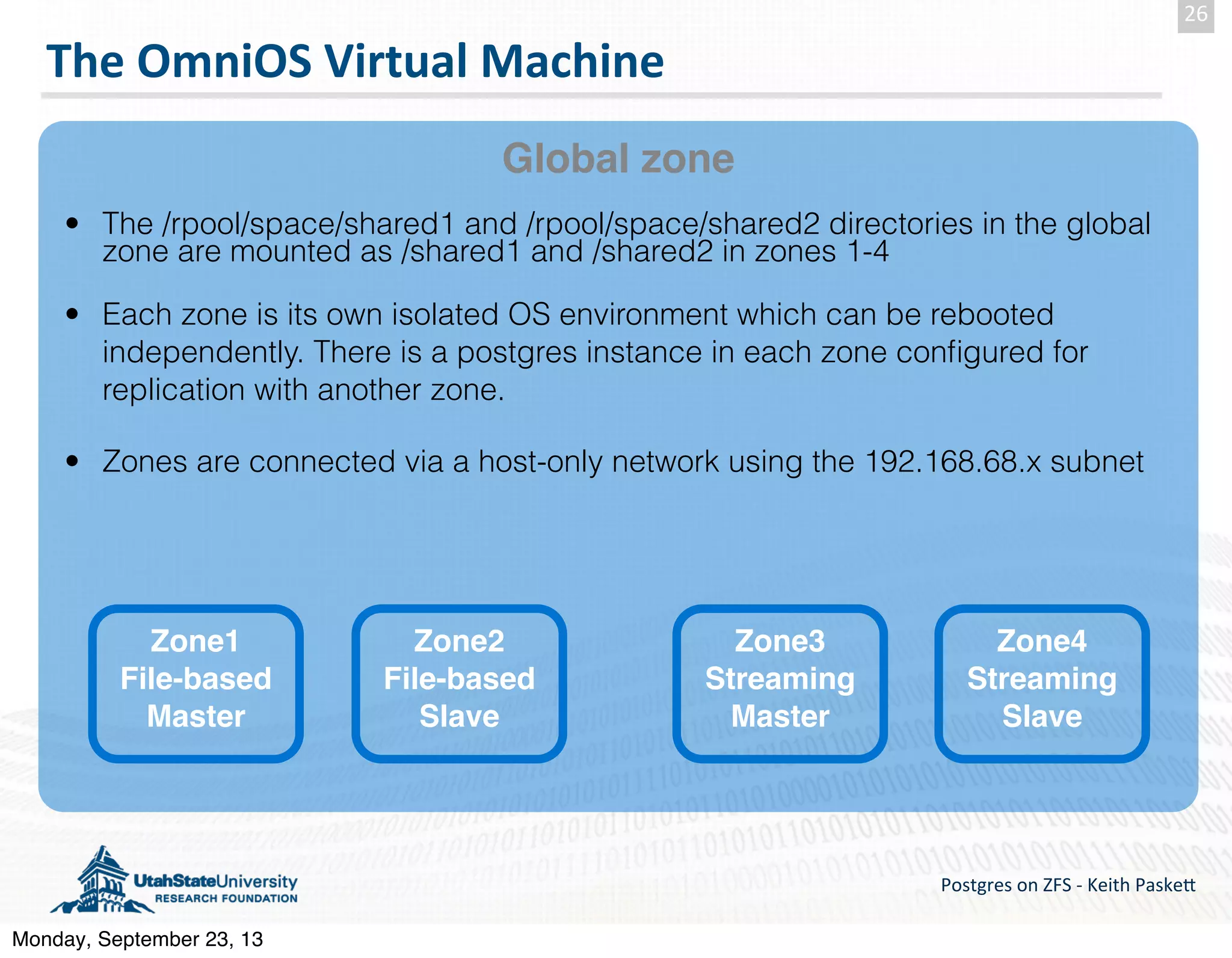 The  OmniOS  Virtual  Machine Postgres  on  ZFS  -­‐  Keith  Paske5 26 Global zone Zone2 File-based Slave • The /rpool/space/shared1 and /rpool/space/shared2 directories in the global zone are mounted as /shared1 and /shared2 in zones 1-4 • Each zone is its own isolated OS environment which can be rebooted independently. There is a postgres instance in each zone conﬁgured for replication with another zone. • Zones are connected via a host-only network using the 192.168.68.x subnet Zone1 File-based Master Zone3 Streaming Master Zone4 Streaming Slave Monday, September 23, 13 
