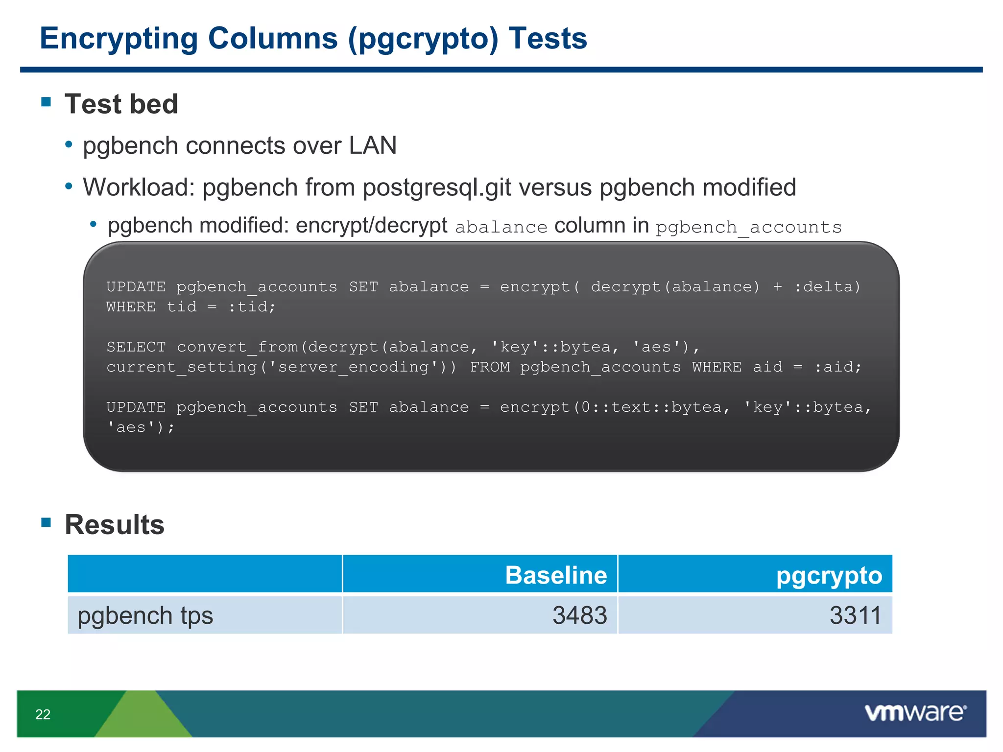 Encrypting Columns (pgcrypto) Tests  Test bed • pgbench connects over LAN • Workload: pgbench from postgresql.git versus pgbench modified • pgbench modified: encrypt/decrypt abalance column in pgbench_accounts UPDATE pgbench_accounts SET abalance = encrypt( decrypt(abalance) + :delta) WHERE tid = :tid; SELECT convert_from(decrypt(abalance, 'key'::bytea, 'aes'), current_setting('server_encoding')) FROM pgbench_accounts WHERE aid = :aid; UPDATE pgbench_accounts SET abalance = encrypt(0::text::bytea, 'key'::bytea, 'aes');  Results Baseline pgbench tps 22 pgcrypto 3483 3311 