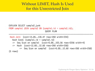 Without LIMIT, Hash Is Used 
for this Unrestricted Join 
EXPLAIN SELECT sample2.junk 
FROM sample1 JOIN sample2 ON (sample1.id = sample2.id); 
QUERY PLAN 
------------------------------------------------------------------------ 
Hash Join (cost=15.85..130.47 rows=260 width=254) 
Hash Cond: (sample1.id = sample2.id) 
-> Seq Scan on sample1 (cost=0.00..103.56 rows=2256 width=4) 
-> Hash (cost=12.60..12.60 rows=260 width=258) 
-> Seq Scan on sample2 (cost=0.00..12.60 rows=260 width=258) 
(5 rows) 
Explaining the Postgres Query Optimizer 52 / 56 
 