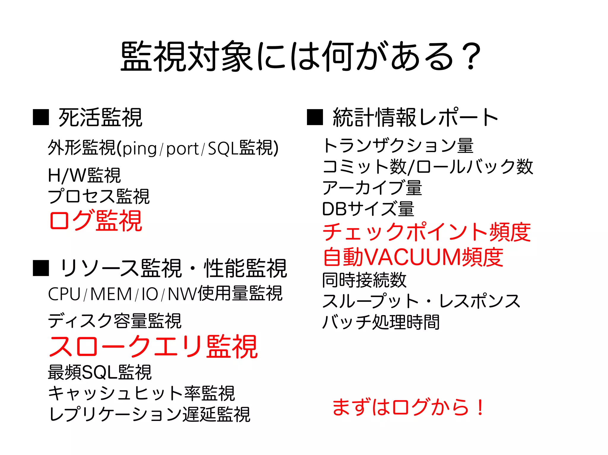 監視対象には何がある？
■ 死活監視
　外形監視(ping/port/SQL監視)
　H/W監視
　プロセス監視
　ログ監視
■ リソース監視・性能監視
　CPU/MEM/IO/NW使用量監視
　ディスク容量監視
　スロークエリ監視
　最頻SQL監視
　キャッシュヒット率監視
　レプリケーション遅延監視
■ 統計情報レポート
　トランザクション量
　コミット数/ロールバック数
　アーカイブ量
　DBサイズ量
　チェックポイント頻度
　自動VACUUM頻度
　同時接続数
　スループット・レスポンス
　バッチ処理時間
まずはログから！
 