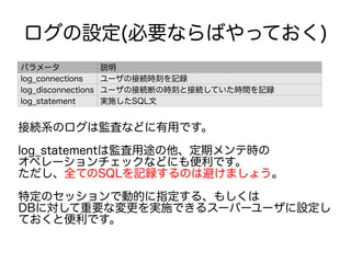 ログの設定(必要ならばやっておく)
パラメータ 説明
log_connections ユーザの接続時刻を記録
log_disconnections ユーザの接続断の時刻と接続していた時間を記録
log_statement 実施したSQL文
接続系のログは監査などに有用です。
log_statementは監査用途の他、定期メンテ時の
オペレーションチェックなどにも便利です。
ただし、全てのSQLを記録するのは避けましょう。
特定のセッションで動的に指定する、もしくは
DBに対して重要な変更を実施できるスーパーユーザに設定し
ておくと便利です。
 