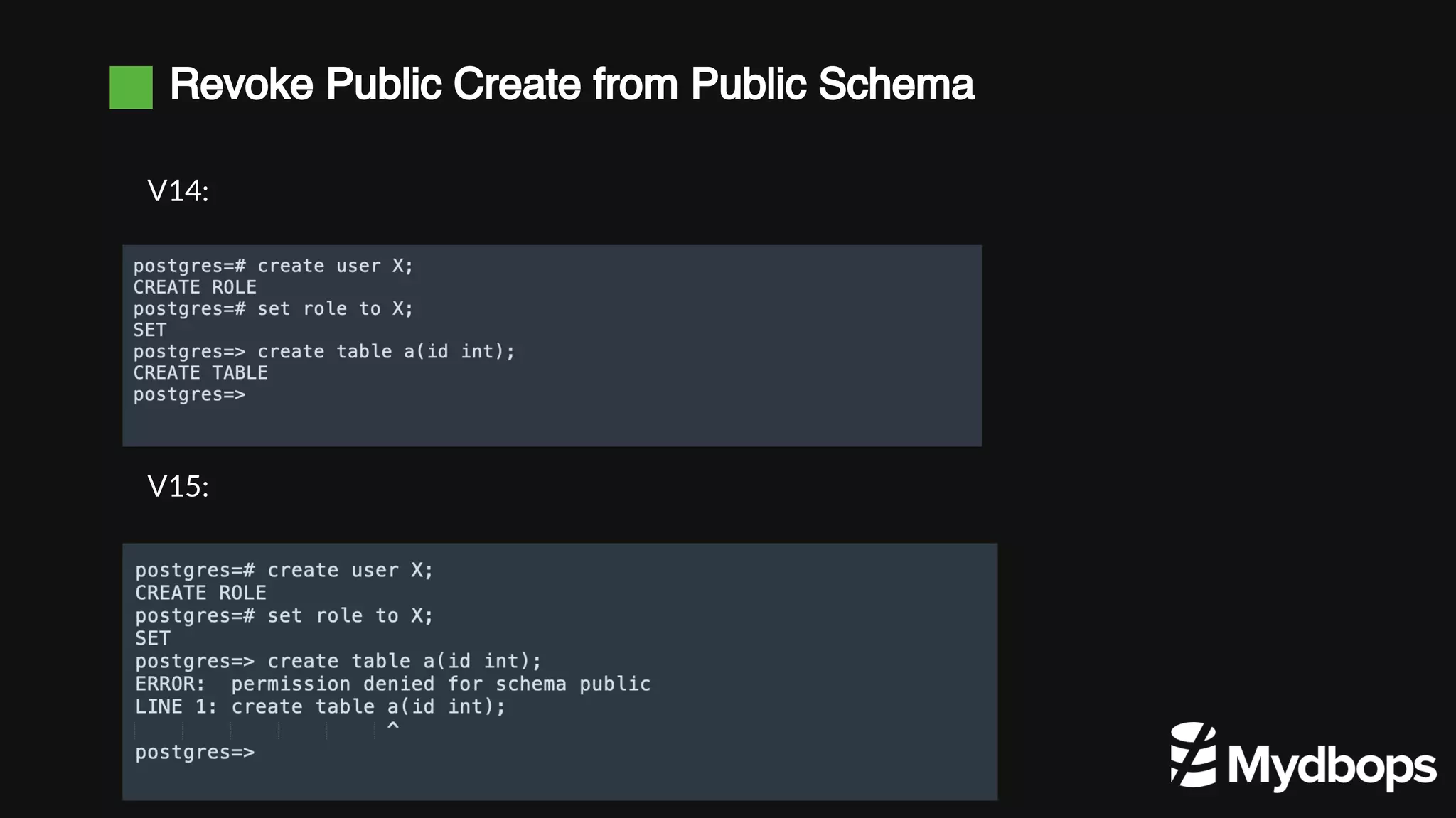 Revoke Public Create from Public Schema V14: V15: 