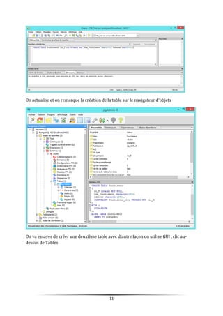 On actualise et on remarque la création de la table sur le navigateur d’objets
On va essayer de créer une deuxième table avec d’autre façon on utilise GUI , clic au-
dessus de Tables
11
 