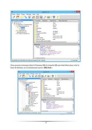 Vous pouvez remarque dans le Panneau SQL la requete SQL qui etiat faites pour crée la
base de donnée, on va maintenant ouvrir «DB_Test »
9
 