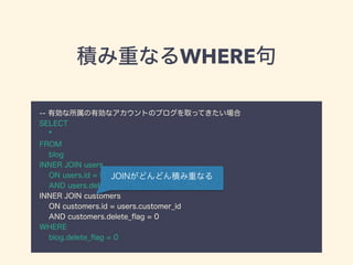 eؤʤWHERE
-- ЄЄʥȤΥ֥ȡäƤ
SELECT
*
FROM
blog
INNER JOIN users
ON users.id = blog.user_id
AND users.delete_?ag = 0
INNER JOIN customers
ON customers.id = users.customer_id
AND customers.delete_?ag = 0
WHERE
blog.delete_?ag = 0
JOINɤɤeؤʤ
 