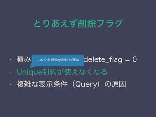 Ȥꤢե饰
? eؤʤWHERE delete_?ag = 0
? UniqueƼsʹʤʤ
? }jʱʾQueryԭ
ĤޤⲿKeyƼs
 