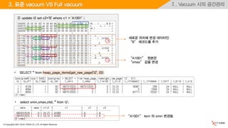 © Copyrights 2001~2016, EXEM CO.,LTD. All Rights Reserved.
Ⅰ. Vacuum 시의 공간관리3. 표준 vacuum VS Full vacuum
② update t2 set c2='B' where c1 = 'A1001' ;
• SELECT * from heap_page_items(get_raw_page('t2', 0));
• select xmin,xmax,ctid, * from t2;
“A1001” item 의 xmin 변경됨
“A1001” 원본은
“xmax” 값을 변경
새로운 위치에 변경 데이터인
“B” 레코드를 추가
 