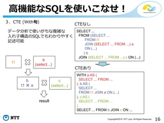 16Copyright©2016 NTT corp. All Rights Reserved.
⾼機能なSQLを使いこなせ！
３．CTE (With句)
SELECT ...
FROM (SELECT ...
FROM t1
JOIN (SELECT ... FROM ...) a
ON (...)
) b
JOIN (SELECT ... FROM ...) c ON (...)
データ分析で使いがちな複雑な
⼊れ⼦構造のSQLでもわかりやすく
記述可能
WITH a AS (
SELECT ... FROM ...
), b AS (
SELECT ...
FROM t1 JOIN a ON (...)
), c AS (
SELECT ... FROM ...
)
SELECT ... FROM b JOIN c ON ...
CTEなし
CTEあり
t1
a
(select...)
b
t1 × a
c
(select...)
result
 